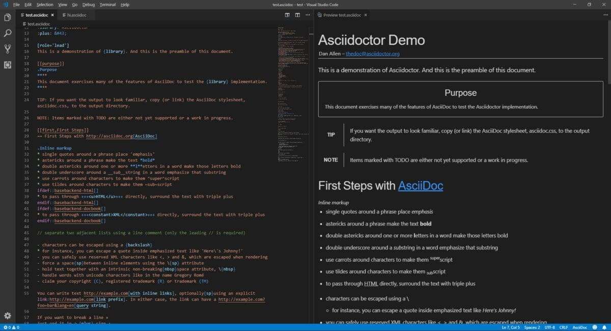 Edit syntax-highlighted AsciiDoc files and see a live preview as you go.