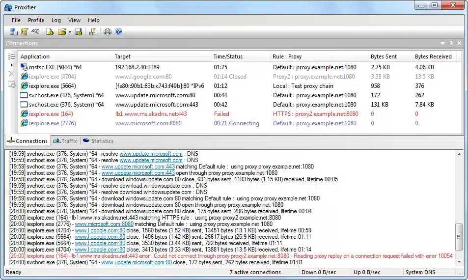 Proxifier Main Window (advanced scenario)