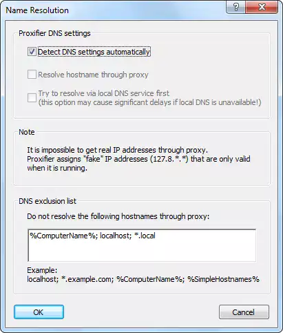 Proxifier name resolution settings